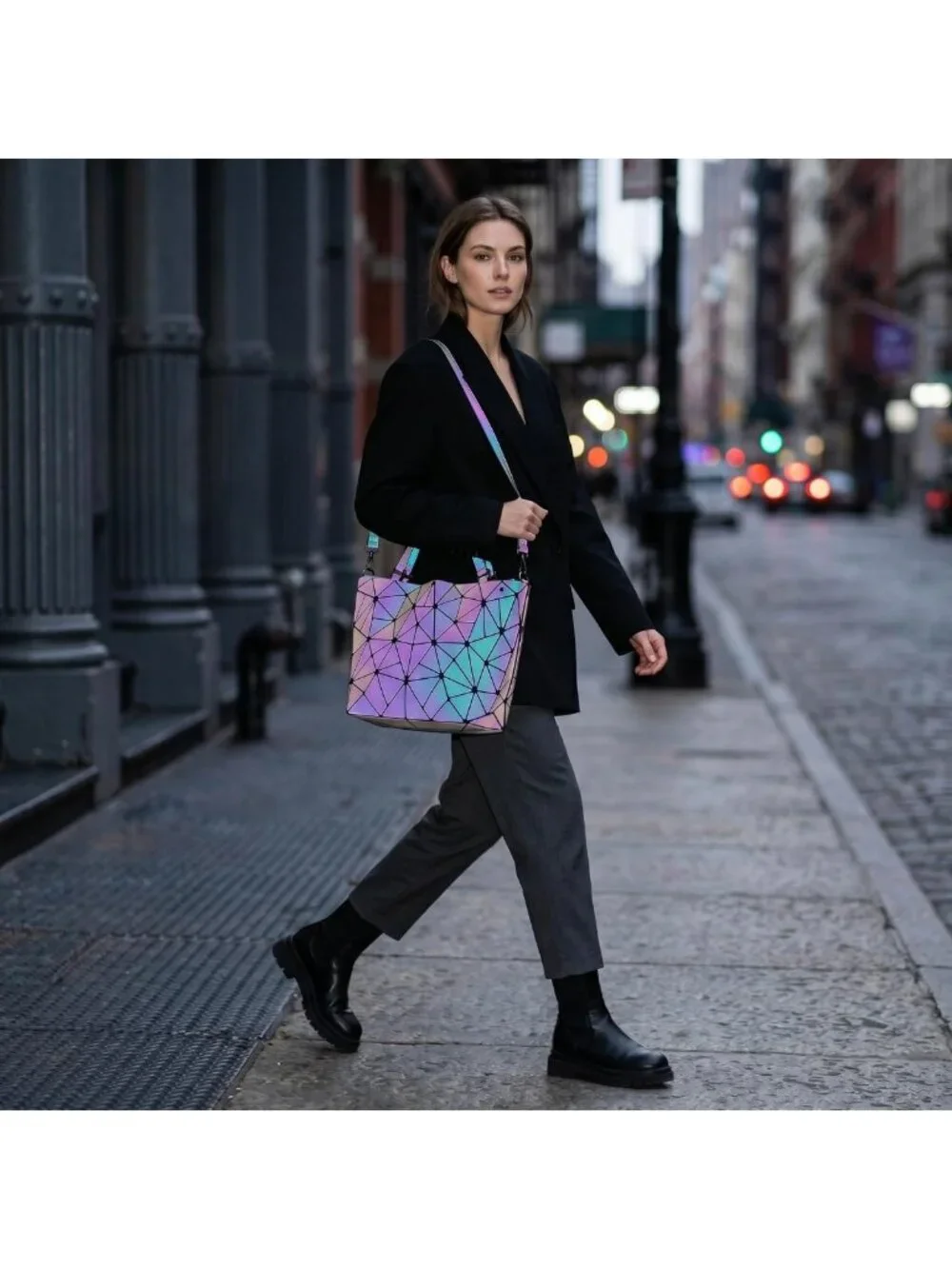 Luminous Geometric Tote Bag & Holographic Crossbody Purse - Black Iridescent